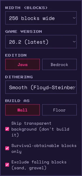 The generator's settings panel: width, game version, edition, dithering, build orientation and survival filters